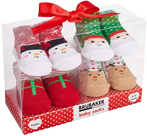 BRUBAKER 4 Par Babysockor Pojkar 0-12 Månader - Julsockor för Nyfödda i Presentförpackning med Rosett - Jul