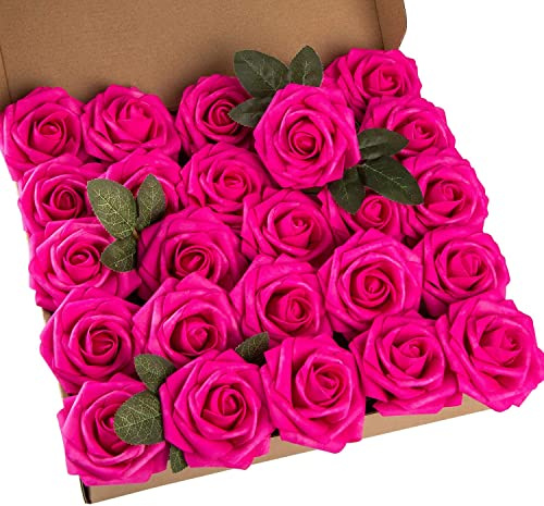 Exoment 25pcs Artificial Flower Foam Rose Real Touch Roses Flower Heads with Stem for DIY Wedding Bouquets Centerpieces Arrangements Party Baby Shower Home Decor (Hot Pink)
