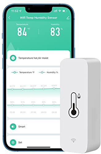 Phovolt sensore termometro igrometro wifi per la casa. Monitor sensore di umidità temperatura wireless per interni ed esterni con avviso di notifica app remoto, funziona con l'app Tuya, per serra