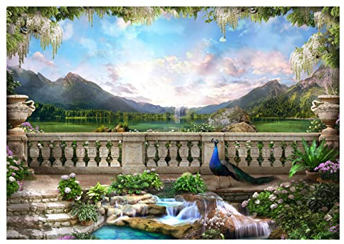 wandmotiv24 Fototapete Ausblick Berge Pfau Treppe Wasserfall, XL 350 x 245 cm - 7 Teile, Wanddeko, Wandbild, Wandtapete, Wasser Stein Vogel Wald Vase M6847