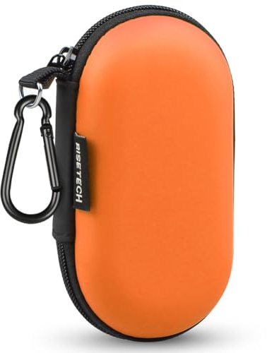 Earbud Case, RISETECH Earphone Carrying Case Holder EVA Headphone Storage Bag Small Zipper Pouch Compatible for EarPods, AirPods, Beats Flex, Urbeats3, Bose Wired Earbuds, USB Cable, with Clip-Orange