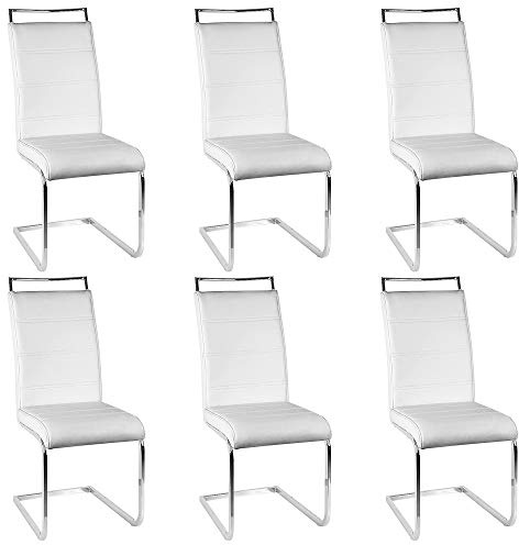 Juego de 6 sillas de comedor o cocina con asiento acolchado y base cromada, silla Cantilever juego de 2 sillas, probado por SGS(4 celdas blanco), 6 unidades