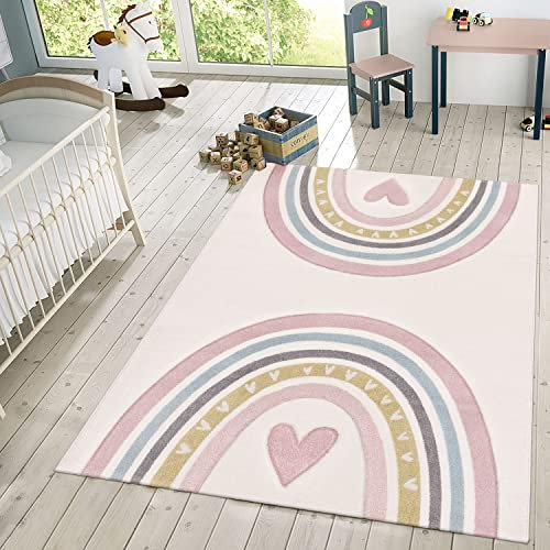 TT Home Kinderzimmerteppich Junge Mädchen Kinderteppich 3D Optik Herz Regenbogen, Farbe: Pink Creme, Größe:133 cm Quadrat