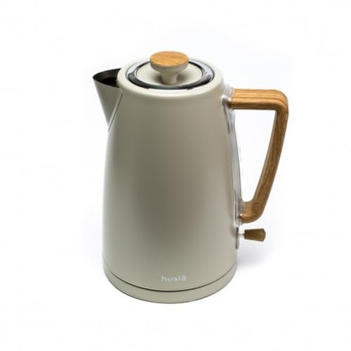 HUSLA 73928 Bouilloire électrique 1,7 l, élément chauffant en acier inoxydable, poignée semblable à du bois, olive