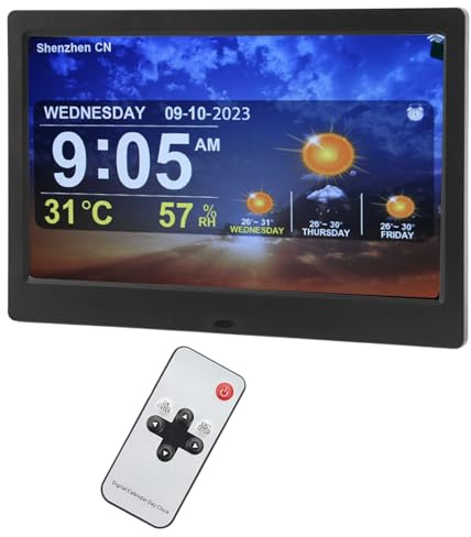 WiFi-Wetterstation, 10-Zoll-Digitaluhr mit 5 Weckern, Fernbedienung, Unterstützung Zum Hochladen von Fotos, Musik und Videos, für Senioren (Schwarz) (EU-Stecker)