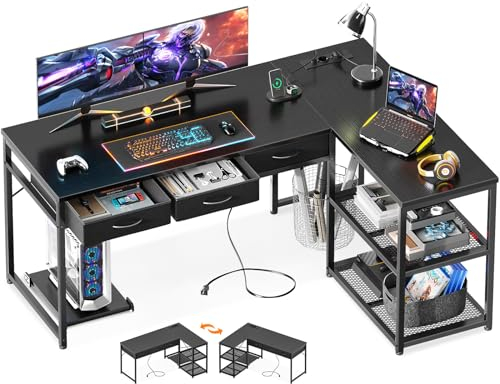 ODK Schreibtisch mit Schubladen, Schreibtisch L Form mit Steckdosenleiste, Eckschreibtisch Schwarz mit Reversibler Anordnung 135×100cm