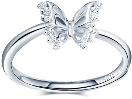 MICMIF Anillo de mariposa plata de ley 925 para mujer niña, con circonitas pequeñas, Anillo de banda fino 1.2-2mm, tamaño ajustable, romántico joyas anillo de plata para novia esposa mamá