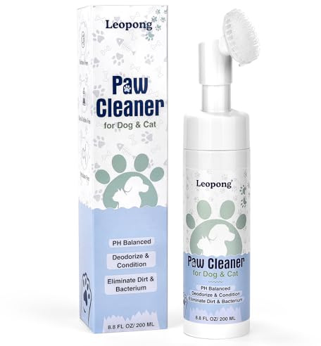 Leopong Dog Paw Cleaner & Cat Foot Wash - Gentle No-Rinse Foaming Mousse - PH Balanced Deodorizing Cleanser with Integrated Silicone Brush, 8.8 oz