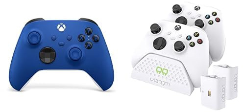 Xbox Wireless Controller Shock Blue+Venom Twin-Ladestation mit 2 x wiederaufladbaren Akkupacks – Weiß Series X & S One