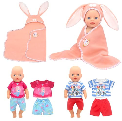 5 Stück Set Babypuppenkleidung für 12-14 Zoll große Puppen, 30-35 cm Bademantel, süße Babypuppenkleidung, Outfits mit rosa Bademantel, Oberteilen und Shorts, neue Puppenkleidung für Mädchen/Jungen