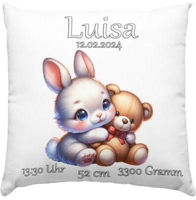 Baby Geschenk Kissen mit Namen und Geburtsdaten - Geburt Junge oder Mädchen Geburtsgeschenk Babykissen -personalisierte Babygeschenke -taufgeschenk von Taufpaten - neugeborenen Hase Mit Teddy
