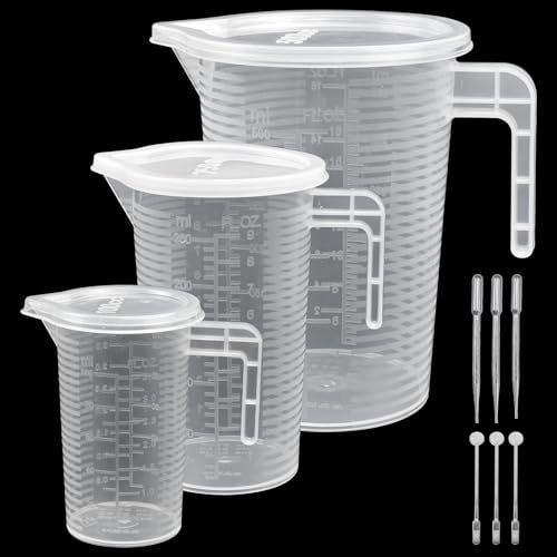 CAREDGO Measuring Cups, set di 3 misurini da 100 ml, 250 ml, 500 ml, in plastica a scala fine, con manico, coperchio e bacchette, spazzola trasparente, resistente al calore, per casa, laboratorio