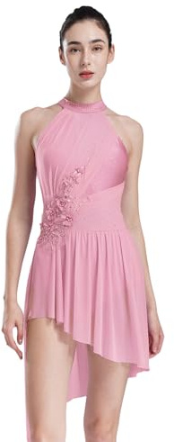 FEESHOW Damen Tanzkleider Glitzer Lyrische Ballett Latin Kleid Mit Strass Neckholder Tanz Trikot Mit Asymmetrische Swing Rock Moderne Tanzkostüme Rosa S