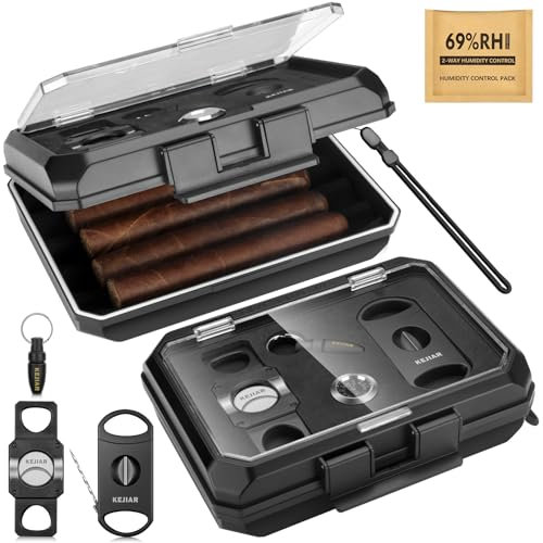 KEJIAR Travel Cigar Humidor Case Portable Cigar Box mit 3 in 1 Zigarrenschneider V Cut, 2 in 1 Zigarrenschneider Straight Cut, Zigarrenstanze, Zwei-Wege-Feuchtigkeitskontrolle Pack