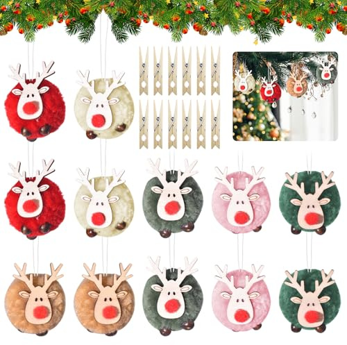 12 Ciondoli per Albero di Natale, Renne, Decorazioni per Albero di Natale, in Feltro, Decorazioni Natalizie con Mollette in Legno per Feste di Natale Fai da Te