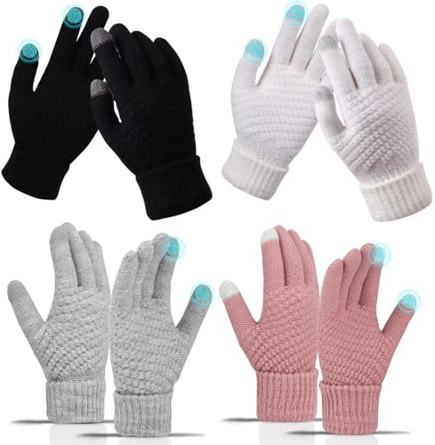 VEGCOO 4 Pairs Women's Winter Gloves, Touchscreen Gloves Winter Thermal Gloves for Women Ladies, Soft Warm Fingers Glove for Sport Walking Riding Driving Cycling Skiing (Black, Gray, Pink, White)