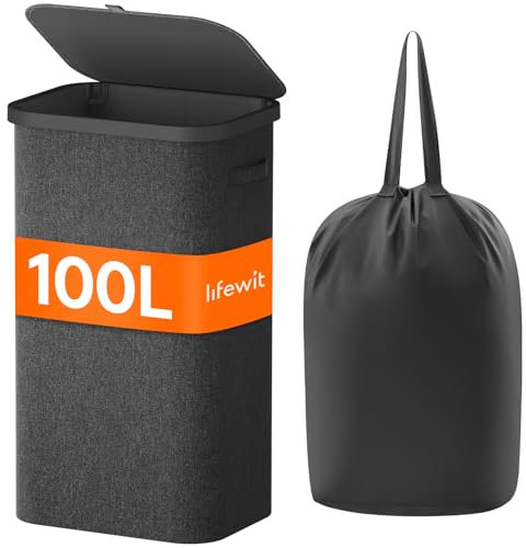 Lifewit 105L Wäschekorb mit Deckel, hoher Wäschekorb mit Kunststoffrahmen, faltbarer großer Wäschekorbsammler, Wäschekörbe für Schlafzimmer, Bad, Dunkelgrau