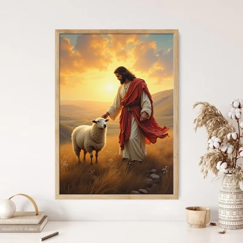 YZNLOQ Jesus und Lamm auf Leinwand, Wandkunst, christlicher Jesus, Gott, Retter, Wanddekoration, Bild, Jesus und Lamm verlorenes Schaf, Poster, Druck, Gemälde, Jesus-Lamm Gottes, Wandkunst für