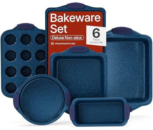 BAKKEN Kitchen Baking Pan Set - Nonstick Coating, Carbon Steel Bakeware Sets with Blue Silicone Handles, Baking Kitchen Essentials, PFOA, PFOS, PTFE Free, Oven Safe Tray (Up to 450° F), Set of 6