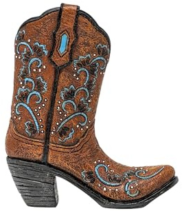 Cowboy Small Boot Vase Resin Decorative Faux Leather Boot Figurine – Blue Scroll Embroidery Stitching Pattern – Rustic Tabletop Decoration for Home, Office, or Western-Themed Events