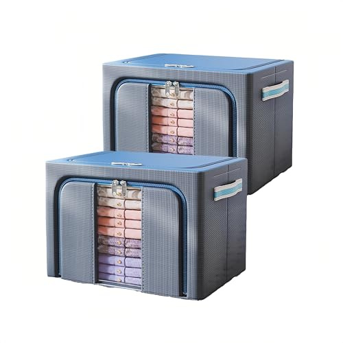closet organizers and storage，Foldable Oxford cloth steel frame box，transparent window and handle, waterproof, can accommodate large capacity clothes, bedding, blankets, 66L 2-piece set（blue）