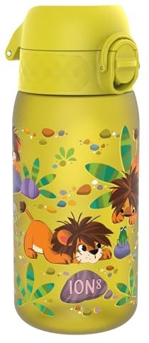 Ion8 Borraccia per Bambini, 350 ml, a Prova di Perdite, Facile da Aprire, Serratura Sicura, Lavabile in Lavastoviglie, Senza BPA, Maniglia per il Trasporto, Facile Pulizia, Cuccioli di Leone