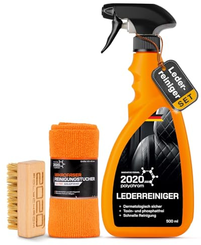 2020 Polychrom Lederreiniger Set mit Holzbürste aus Pferdehaar & Tuch | Inklusive Mikrofasertuch, für Autositze, Ledersitze & Möbel, Tiefenreinigung für Kunstleder, perfekte Lederpflege, ergiebig