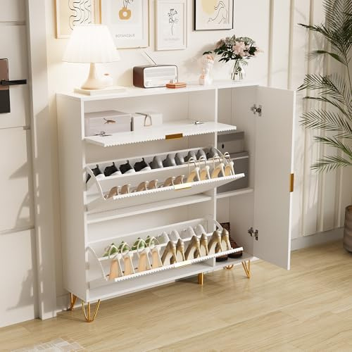 jeerbly Schuhschrank mit 2 Klappen und 2 Türen, Schuhregal Schuhkipper Schmal, Anti-Kipp-Vorrichtung, Platzsparend, Schuhkommode für Flur, Eingangsbereich, 110x24x111.5 cm, Weiß