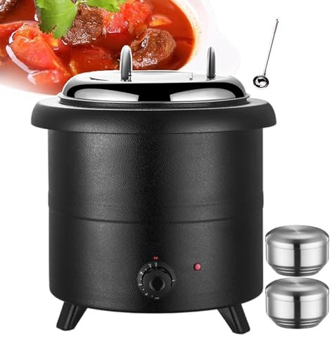 QUSYZD Hervidor eléctrico para Sopa, Olla sopera con Inserto de Acero Inoxidable, Control de Temperatura, Calentadores de Sopa comerciales para Fiestas, bufés y restaurantes, con 2 tazones de,Black