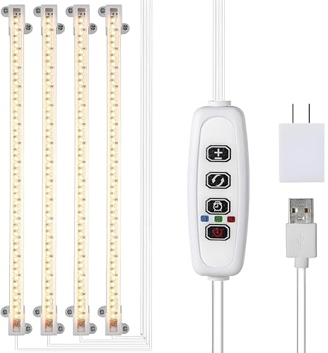 SunStream LED Grow Light Strips, 4-Pack with Timer Remote and USB Power, Dimmable & Multi - Functional for Plant Growing