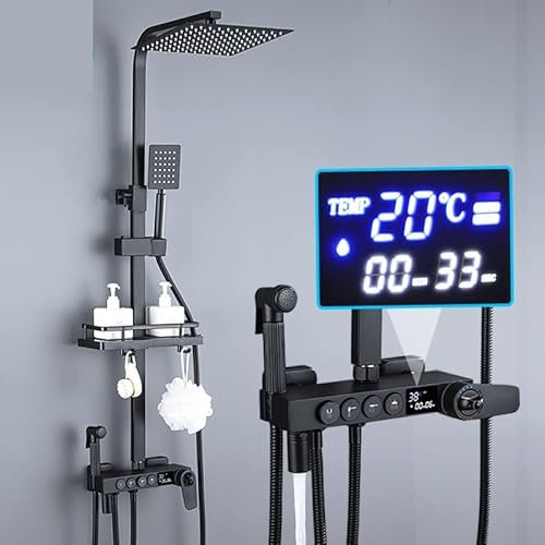 NGBFF Shower Set, Black Chrome Thermostatic Shower Faucet Sets Digital Display,Bathroom Shower Mixer,Brass Shower System,Rainfall Shower Set(Digital Display-A1)