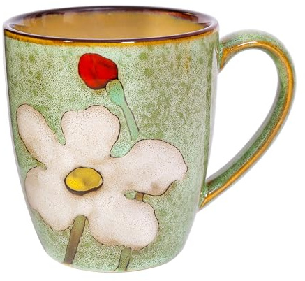 Soyestan Keramik Kaffeetasse 350 ml, Handbemalte Blumentasse mit Henkel, Teetasse Cappuccino, Mikrowellengeeignet (Grün)