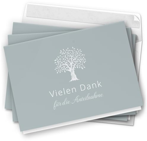 Danksagungskarten Trauer - 10 Klappkarten mit Umschlägen Baum Blau Grau | Trauerkarten Danksagung mit Text - Dankeskarten Trauer nach Beerdigung
