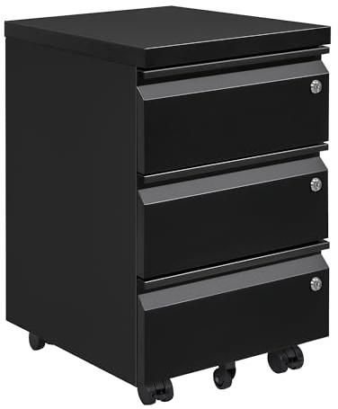LVSTEEL Rollcontainer mit 3 Schubladen, Aktenschrank, Büroschrank aus Metall, Aktenschrank unter Schreibtisch, Vormontiert, Abschließbarer, Schwarz