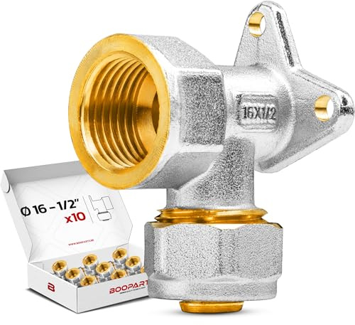 BOOPARTS – 10 Stück – Wandwinkel IG Ø16–1/2 (15/21) | Wandkonsole mit Befestigungsplatte | Schraubfitting für Multischichtverbundrohr | Messing | Sanitär & Heizung