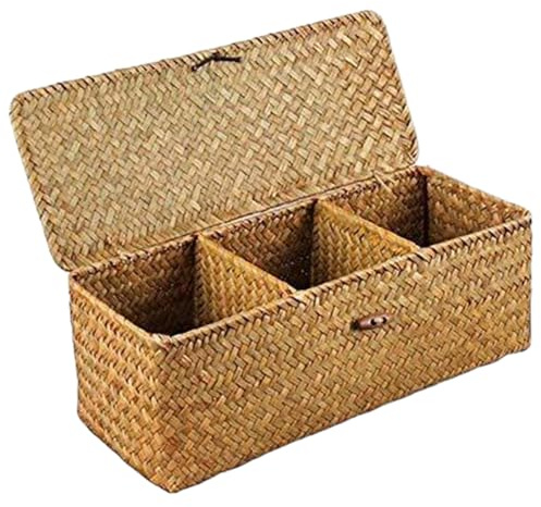 Paniers de rangement rectangulaires en jonc de mer avec couvercle, 33 x 12,7 x 10,2 cm, panier de rangement en osier à 3 compartiments, organiseur de rouleaux de papier toilette pour l'organisation de