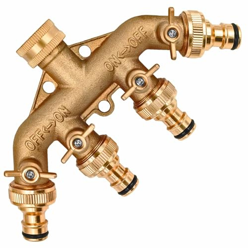 MegaHaustechnik Verteiler 4-Wege Messing, Zulauf: 3/4 Zoll Innengewinde Überwurf mit Dichtung, 4 Kugelventile, Ausläufe: Messing Stecker passend für Gardena Buchse, 3-Loch Entlastung