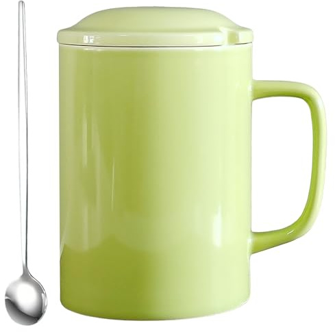 NIUKOMY Taza de Café Jumbo 1000 ml, Taza de Té Extragrande 1L, Mug Muy Grande XXL con Cuchara y Tapa de Cerámica para Oficina y Hogar, Verde Claro