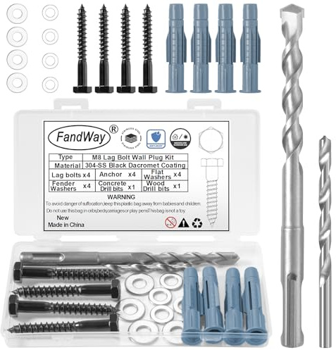 FandWay M8 Lag Bolt Wall Plug Kit,Black Heavy Duty Fixing Screws 304 Stainless Steel Coach Screws With Anchors 2 Drill Bits Washers For TV Mounting Bracket Water Heaters Cabinet Installation.
