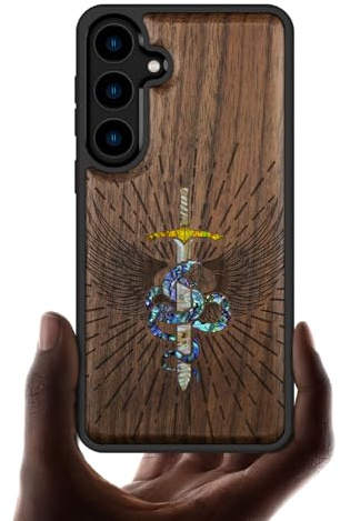 Carveit Designer Wooden Case for Samsung Galaxy S24 Plus Case [Wood Engraving & Shell Inlay] Compatible with Wireless Chargers S24 Plus Cover (Serpent Winged Sword-Walnut)