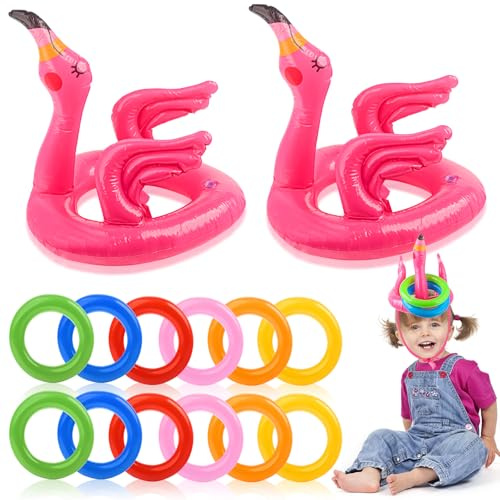 Set di 14 giocattoli gonfiabili con fenicotteri per bambini, gioco gonfiabile per bambini, per attività all'aperto, con 12 anelli, per l'estate, Hawaii, matrimoni, feste