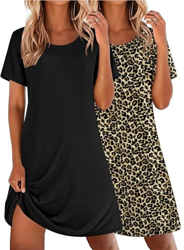 Ekouaer Chemise de Nuit Femme Manches Courtes 2pcs Robe de Nuit Col Rond Vêtements de Nuit Sexy, S-XXL