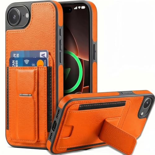 BinBoom Funda de piel con ranura para tarjeta para iPhone 16e/17e, TPU suave + funda de piel sintética con soporte, para iPhone 16e/17e, naranja