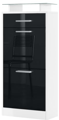 Vladon Schuhschrank Loret V2, Schuhkipper für 8 Paar Schuhe mit 2 Klappen, 1 Schublade und Glasablage, Weiß matt/Schwarz Hochglanz (46 x 104 x 23 cm)