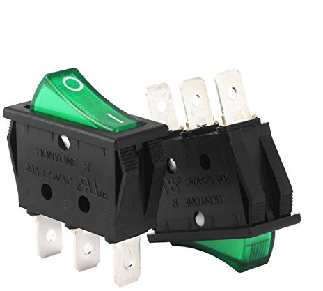 sourcing map 5Pcs AC 20A/125V 22A/250V On Off SPST Interrupteur 3 Broches 2 Position Vert LED lumiere 220V Interrupteur à Bascule Bateaus