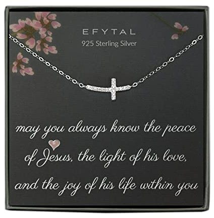 EFYTAL Baptism Gifts for Girl, Dainty Sterling Silver Sideways Cross Necklace for Women, Religious Gifts for Women, First Communion for Girls or Teen, Kids Cross Necklace 8-12, Christian Jewelry