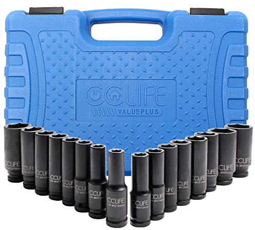 CCLIFE 16tlg 1/2 Schlagschrauber Nüsse Set, 10-32mm Cr-Mo tiefe Sechskant Kraft Nuss Steckschlüssel Schlagnuss