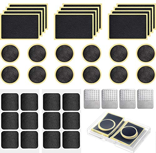 40 Pieces Bicycle Tire Repair Kit Includes 36 Pieces Glueless Bike Tube Patches Self Adhesive Bicycle Tire Patches Included Round Square Rectangle and 4 Pieces Metal Rasps for Road Mountain Bikes
