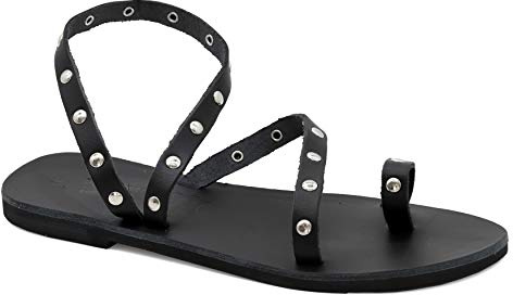37 Schwarz Emmanuela Antike griechische flache Zehenring sandalen aus Leder mit Metallnieten, hochwertige handgefertigte Sommerschuhe mit Knöchelriemen für Damen, offene Zehensandalen