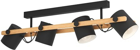 EGLO Deckenlampe Hornwood, 4 flammige Deckenleuchte vintage | Wohnzimmerlampe aus Metall in Schwarz, Creme und Holz in Natur, Schlafzimmerlampe mit E27 Fassung, FSC zertifiziert